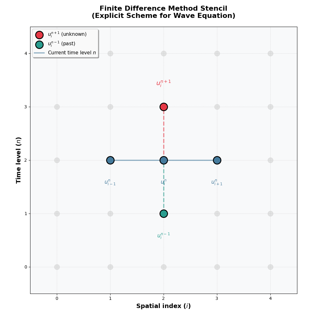 1D Wave Equation Stencil Diagram